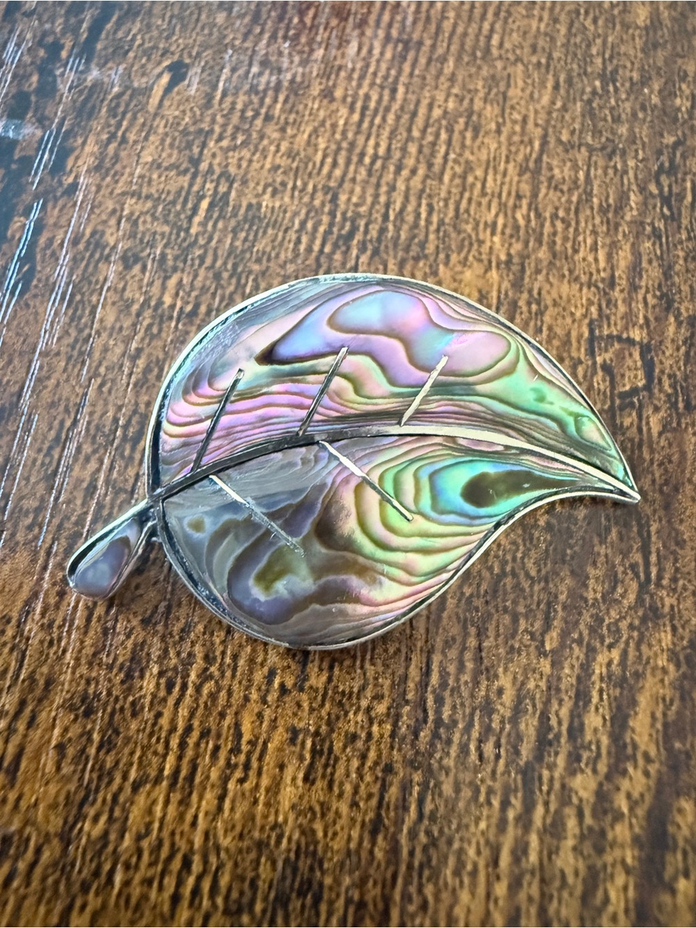Iridescent Abalone Leaf Pin Brooch alpaca Mexico silver